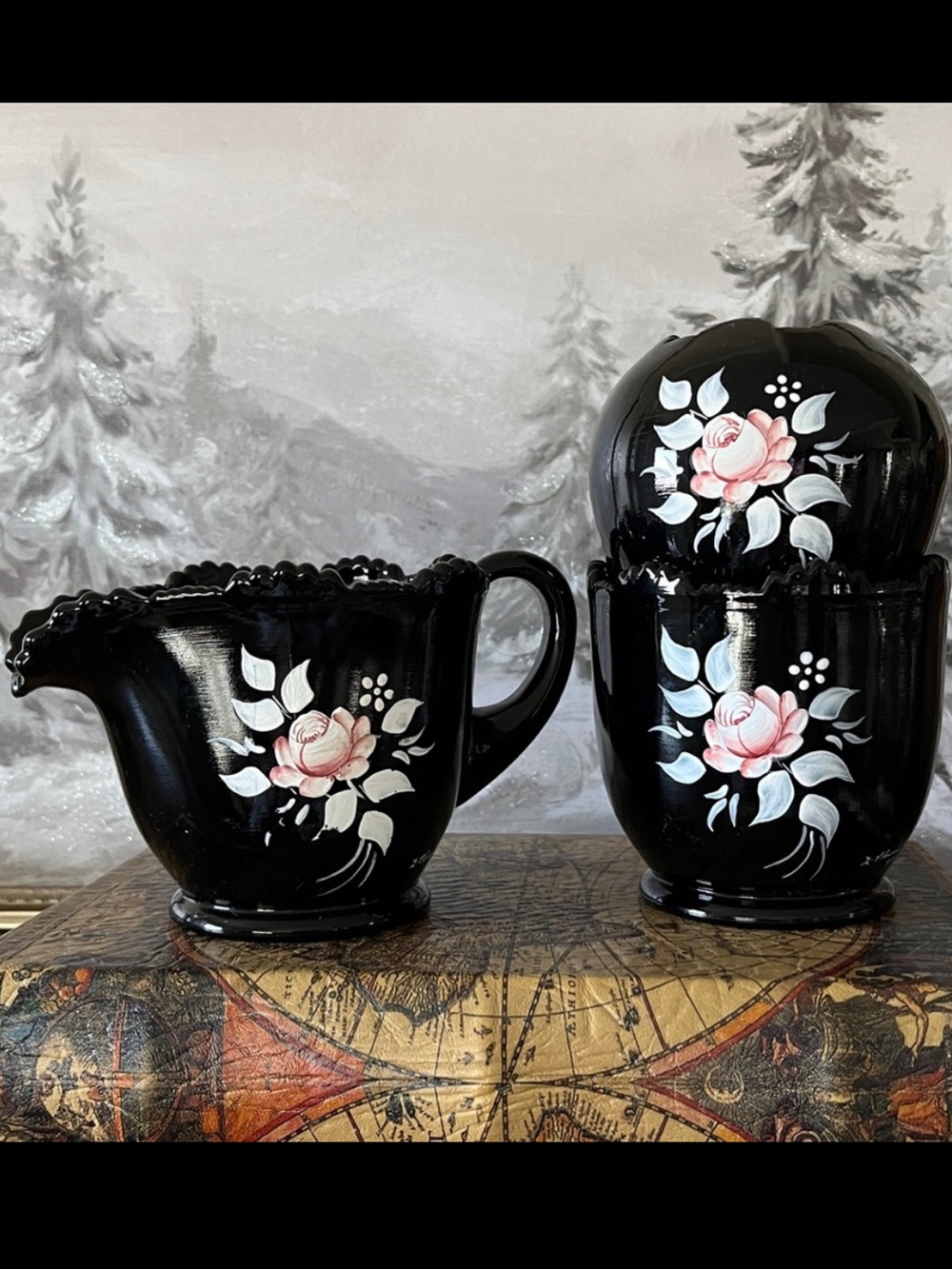 Vintage Pilgrim Glass Black Amethyst Hand-Painted Vase & Covered Jar Set 3 Pc